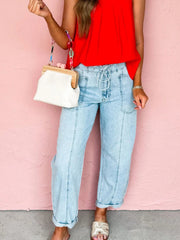 Drawstring Washed Relaxed Fit Boyfriend Jeans 