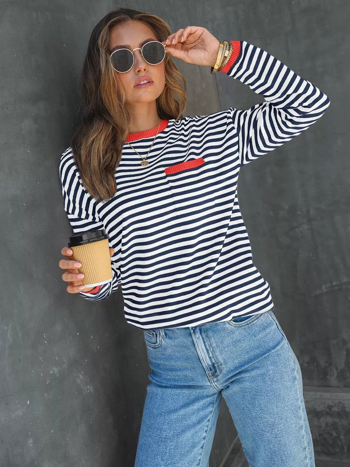 Striped Long Sleeve Sweater with Contrast Ribbed Trim 