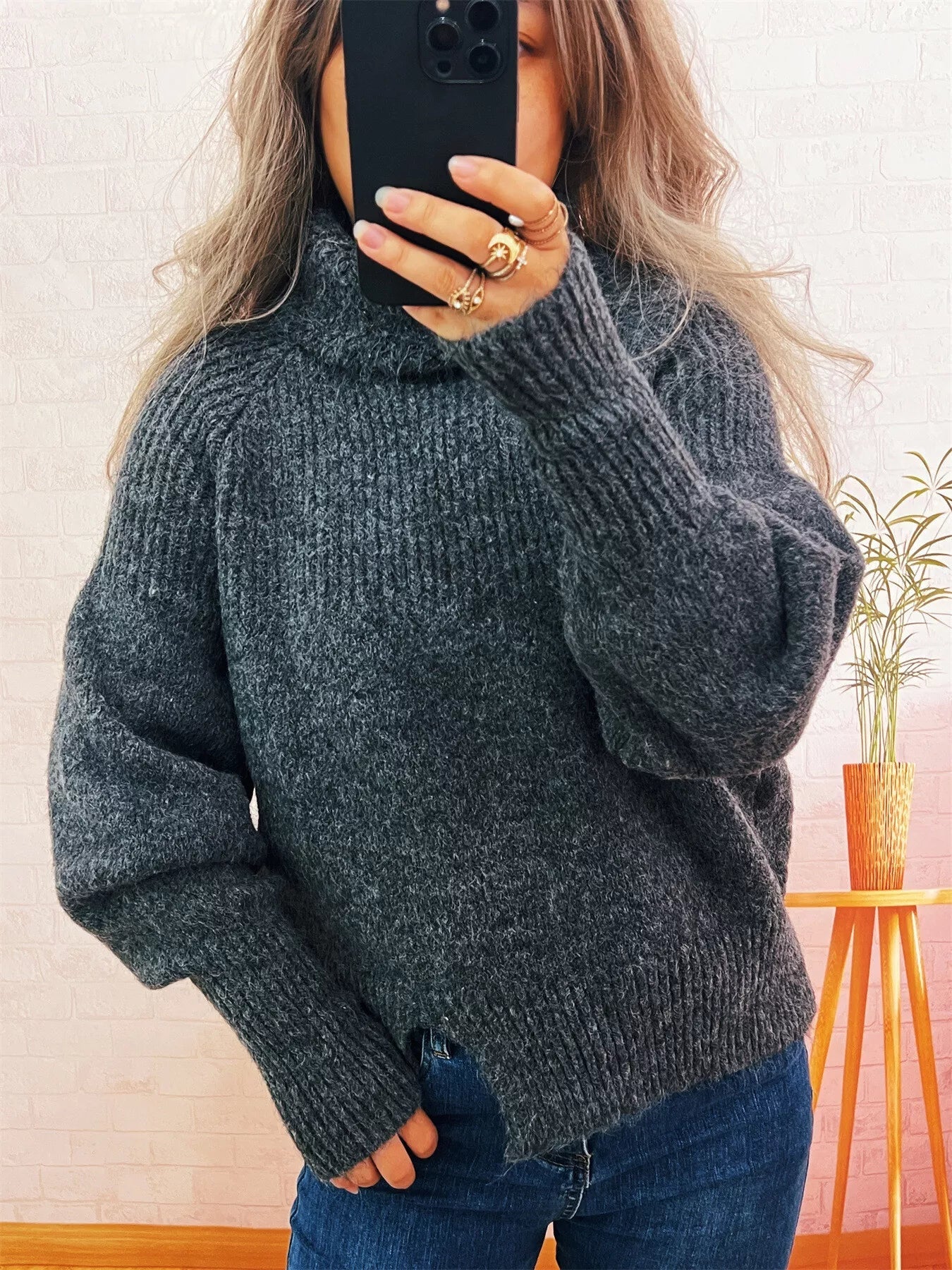 Ribbed Turtleneck Long Sleeve Sweater 