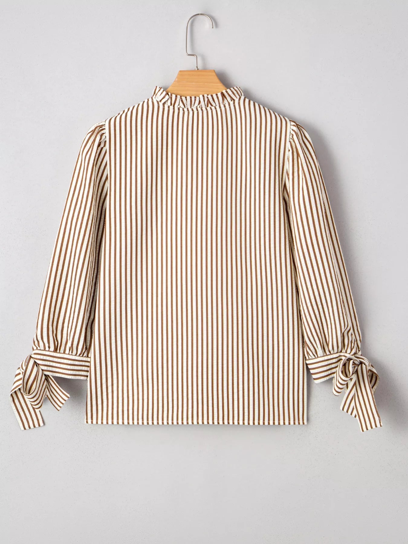 Striped Ruffled Neck Blouse with Tie Sleeves 