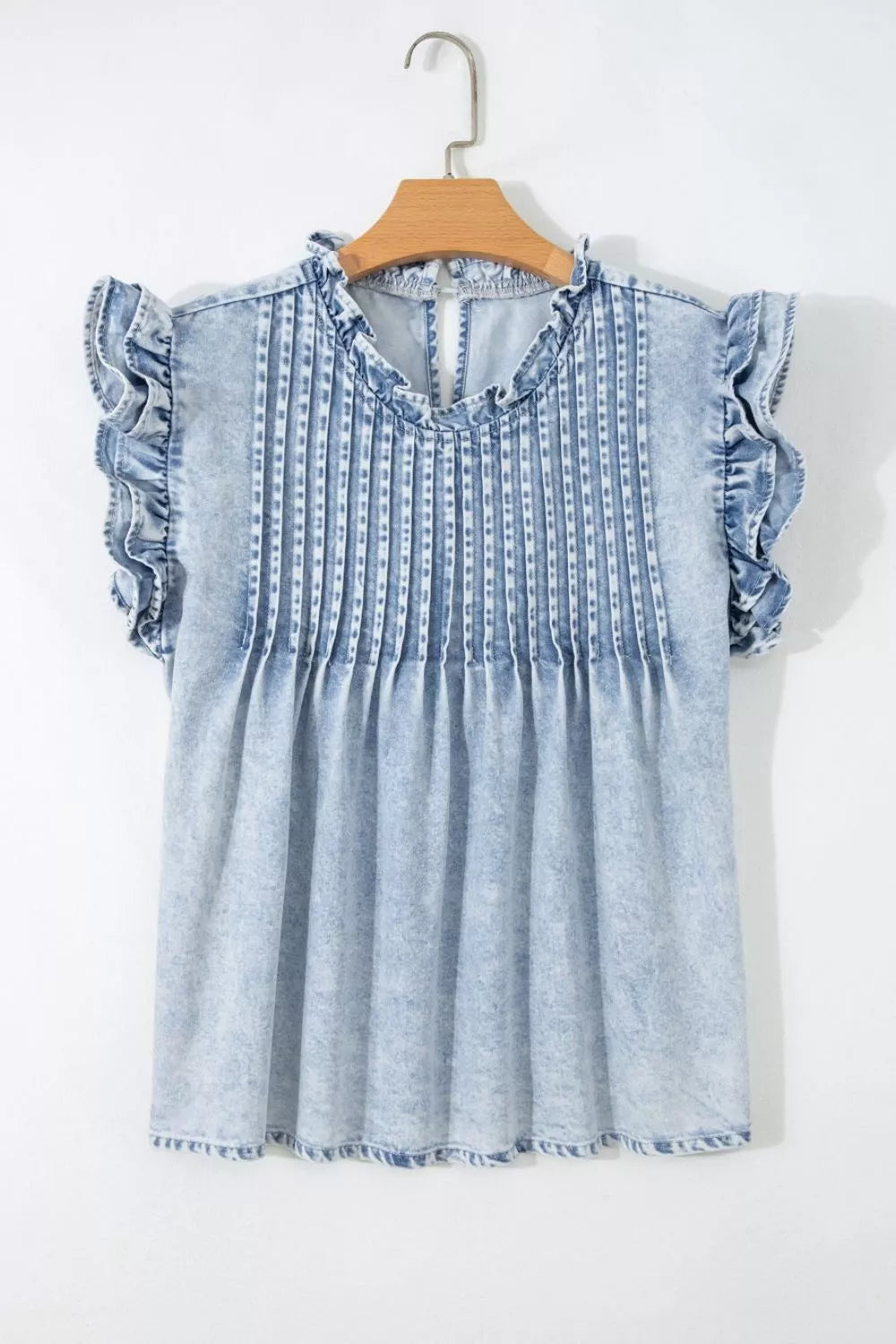 Ruffle Pleated Detail Vintage Washed Denim Top 