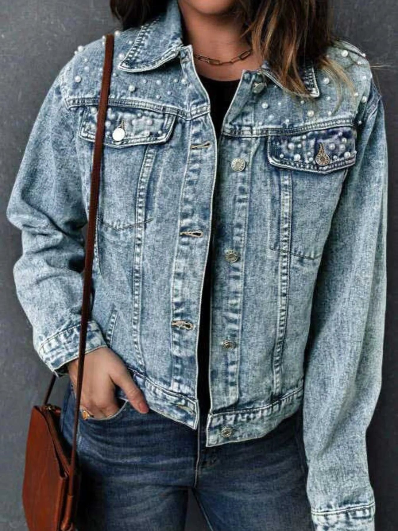 Full Size Pearl Detail Button Up Long Sleeve Denim Jacket Plus Size 