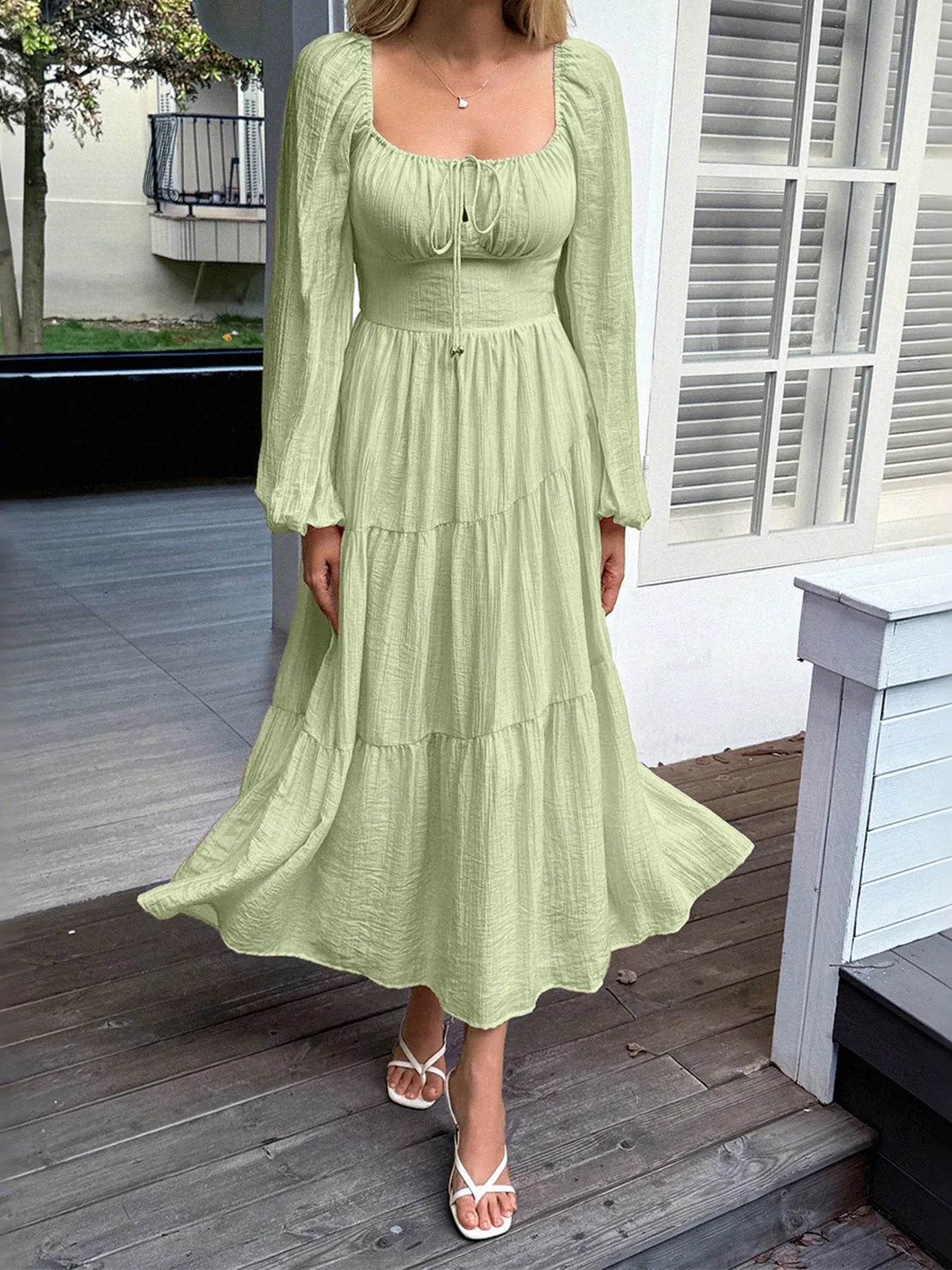 Tiered Balloon Sleeve Midi Dress 