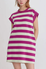 Stripe Cap Sleeve Pocketed Shift Tee Dress 