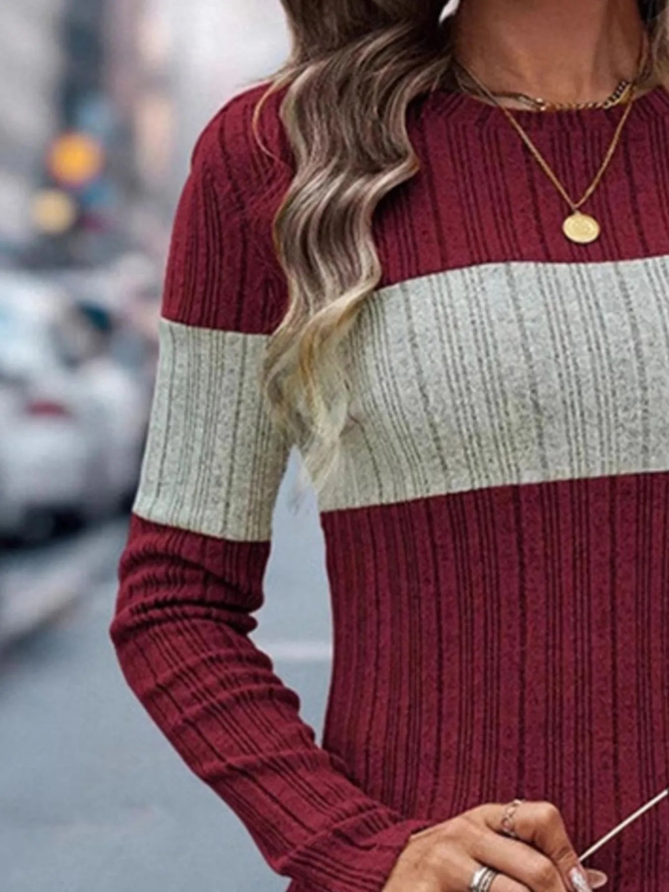 Color Block Round Neck Long Sleeve Sweater 