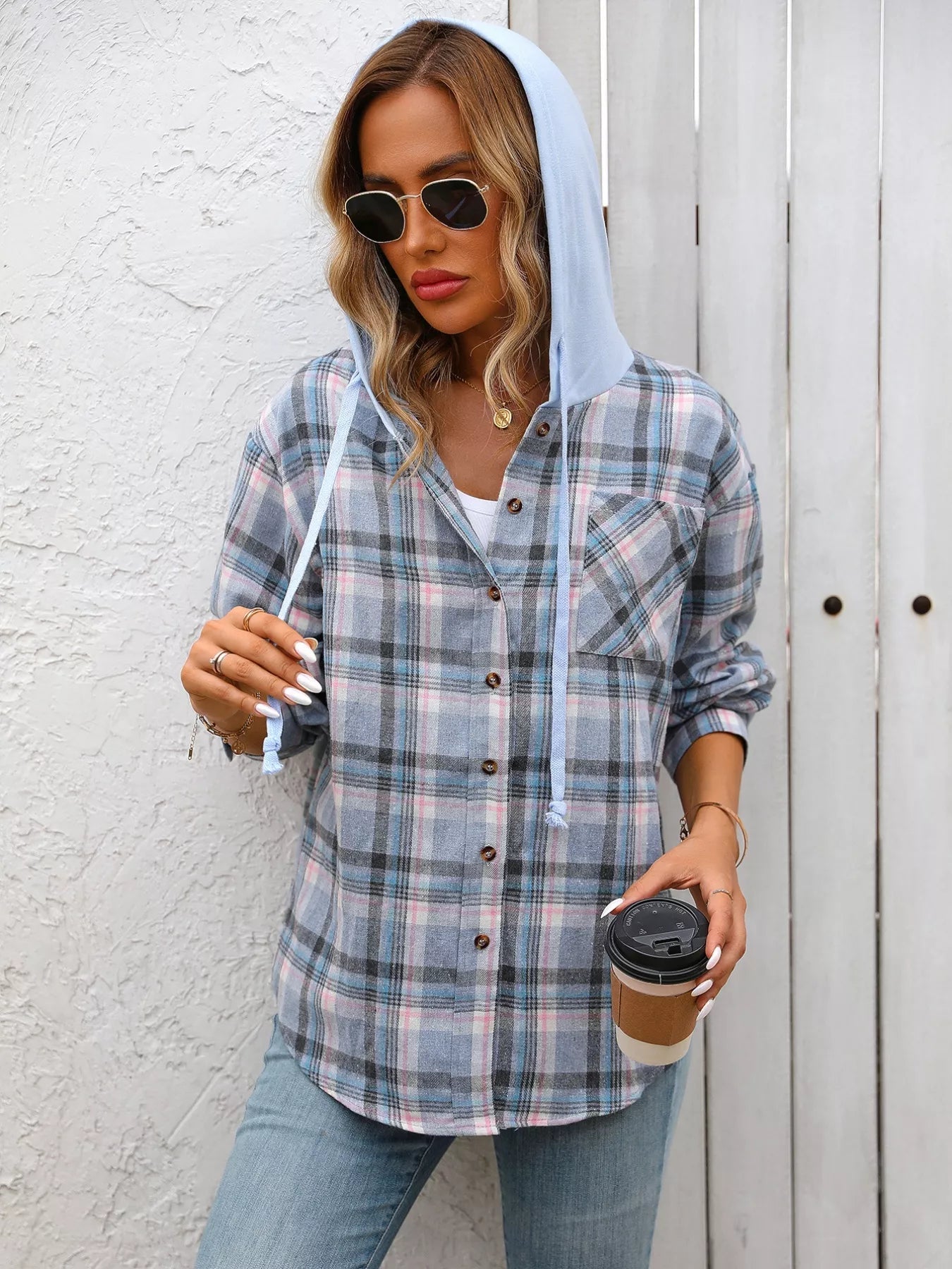 Plaid Button-Up Hooded Shirt with Chest Pocket 