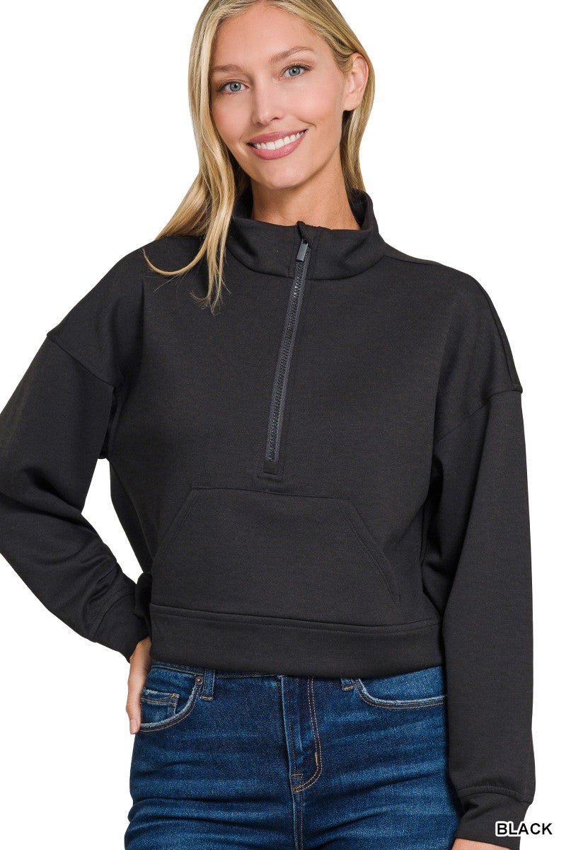 Zenana Scuba Half Zip Pullover With Kangaroo Pockets 