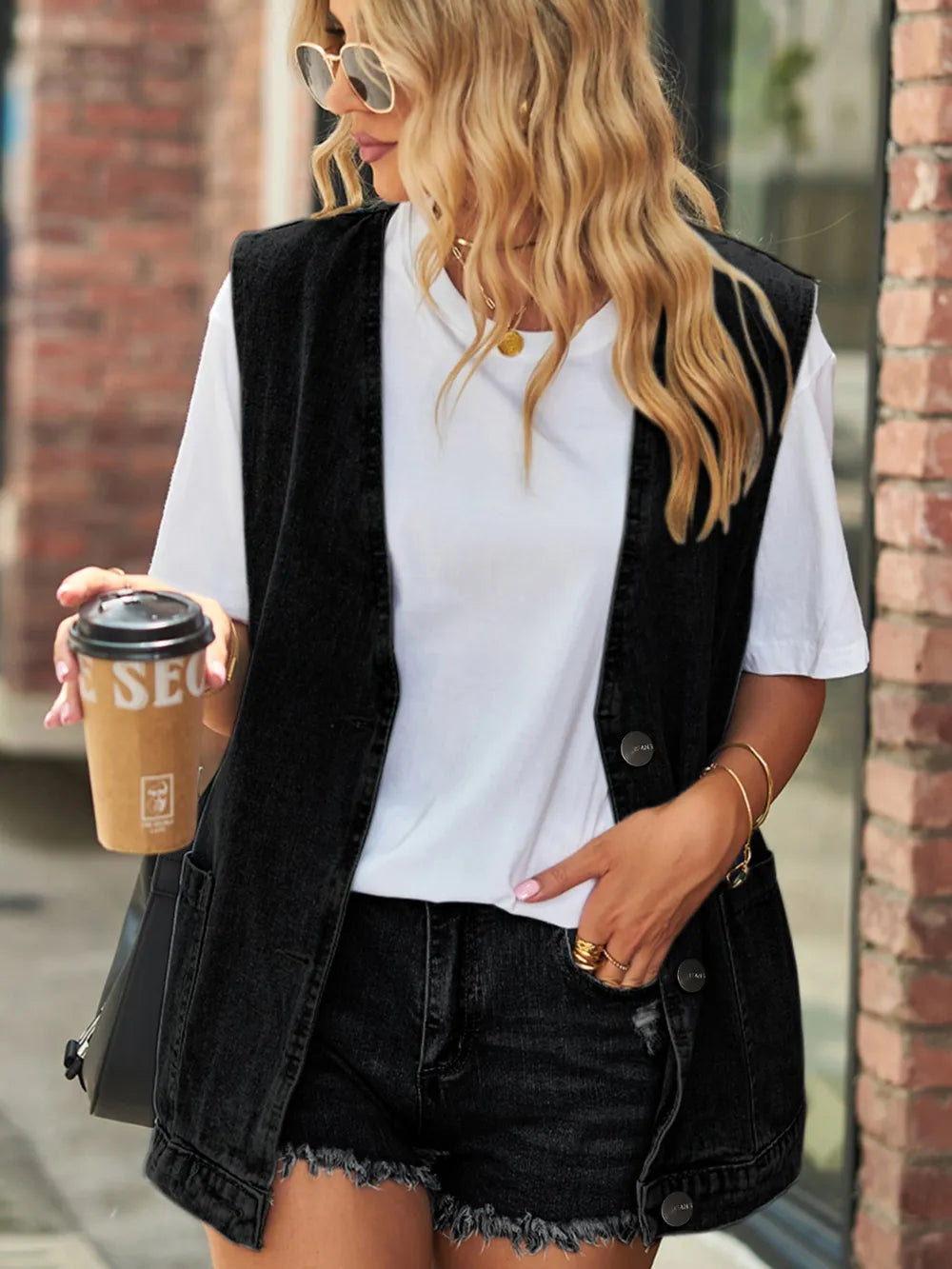 Full Size V-Neck Button Up Denim Vest 