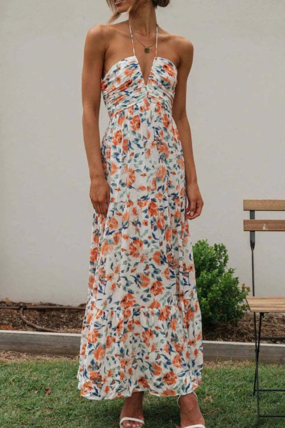 Floral Halter Neck Tiered Maxi Dress 