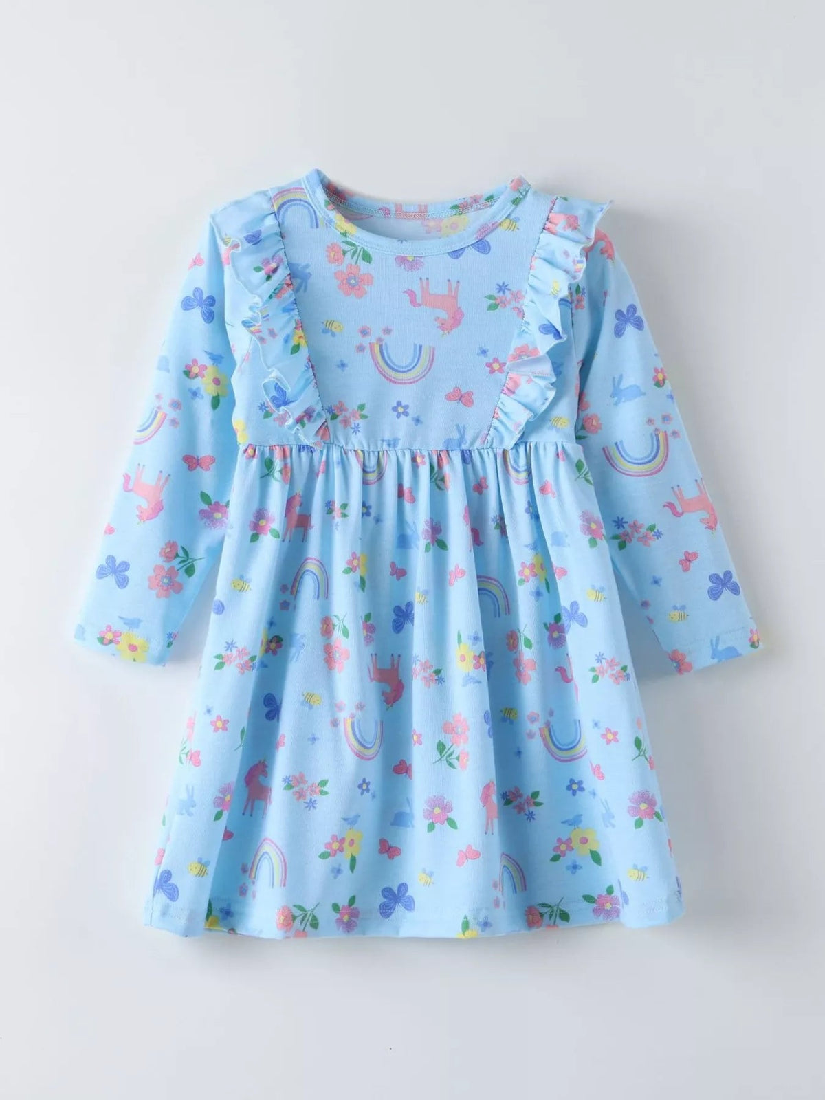 Children's Unicorn Rainbow Print Ruffle Trim Long Sleeve Dress 