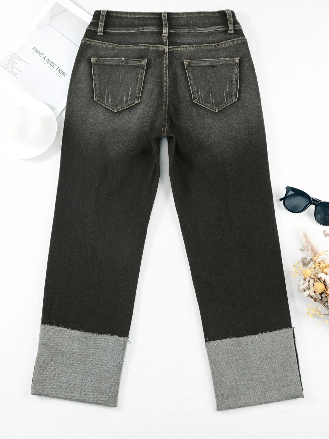 High Waist Distressed Straight Leg Jeans 