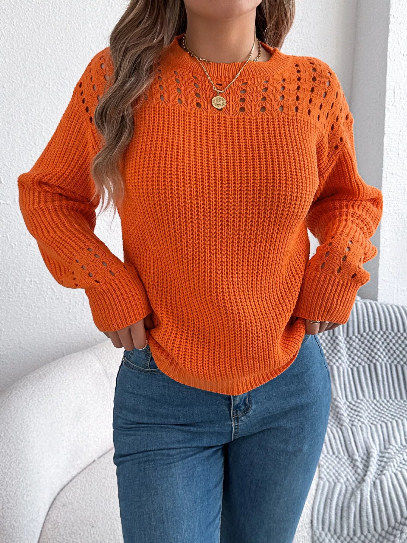 Openwork Round Neck Long Sleeve Sweater 