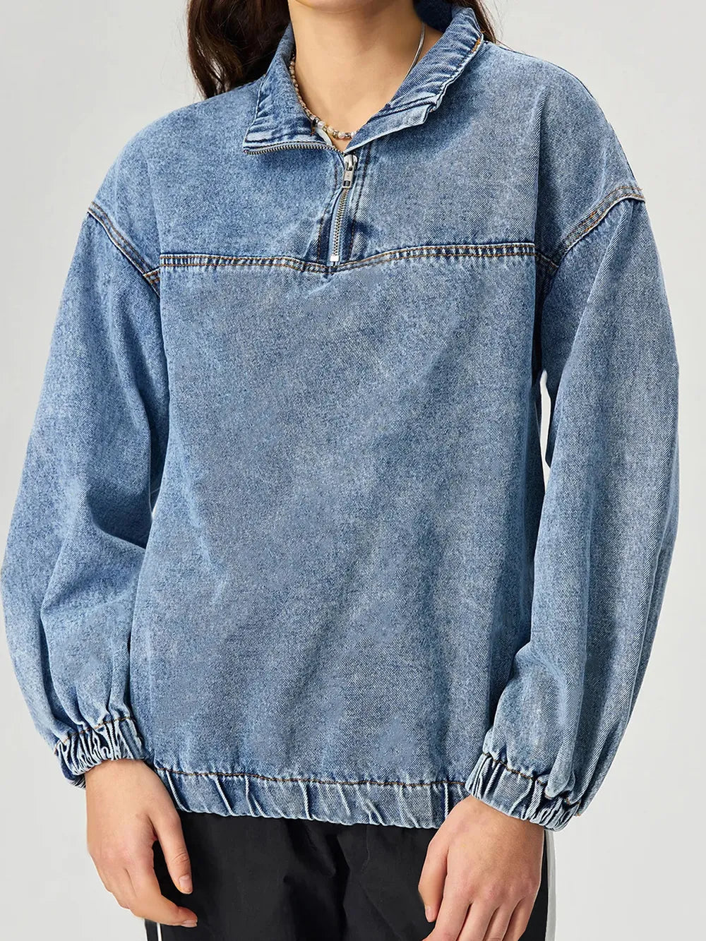 Quarter Zip Collared Neck Denim Top 