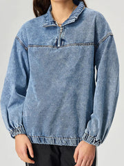Quarter Zip Collared Neck Denim Top 