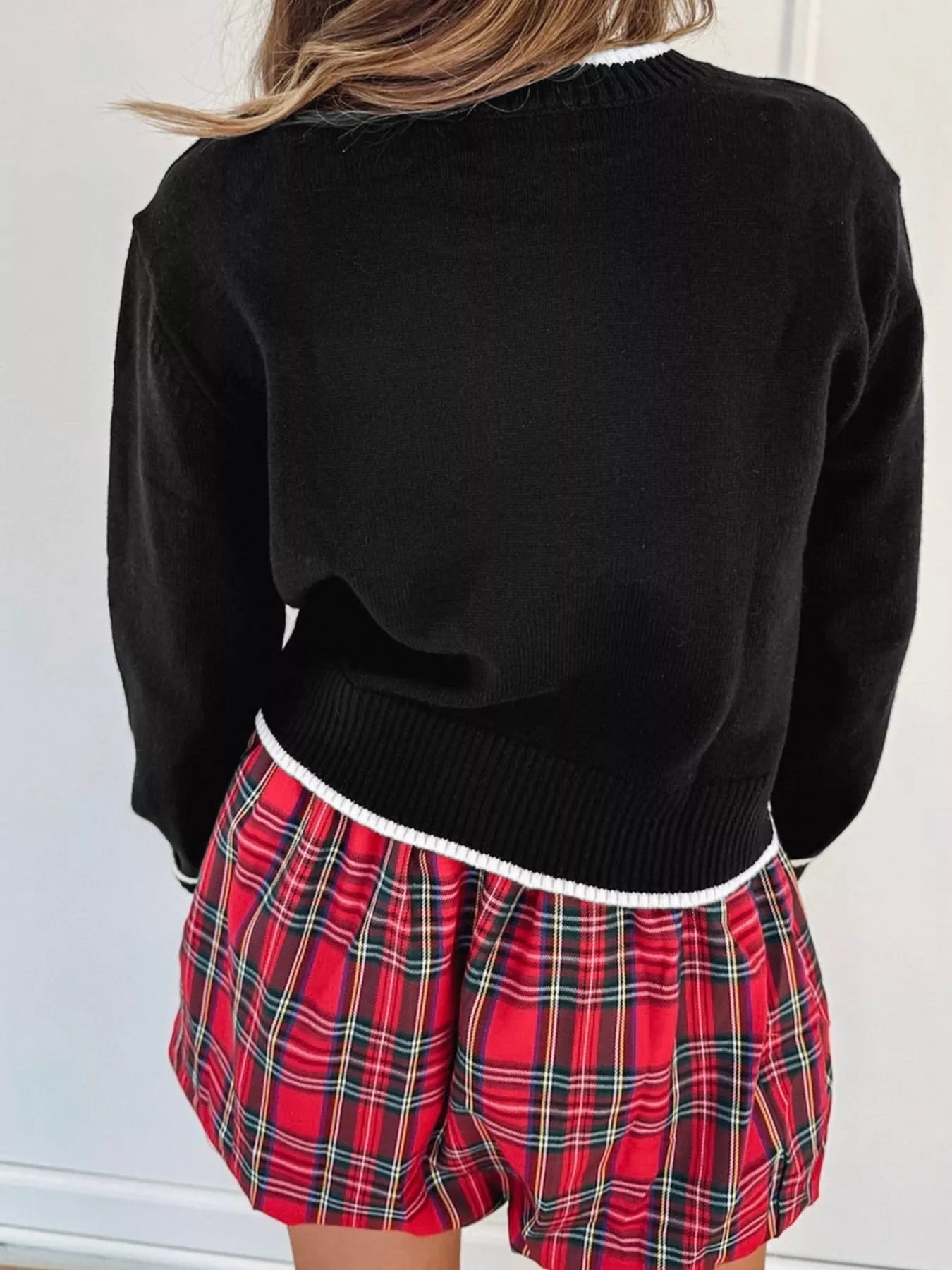 Contrast Trim Bow Accent Holiday Cropped Sweater 