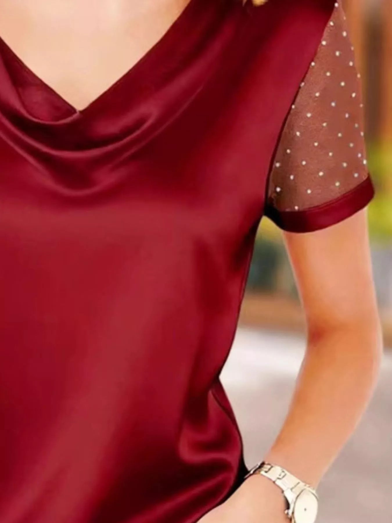 Cowl Neck Polka Dot Short Sleeve Top 