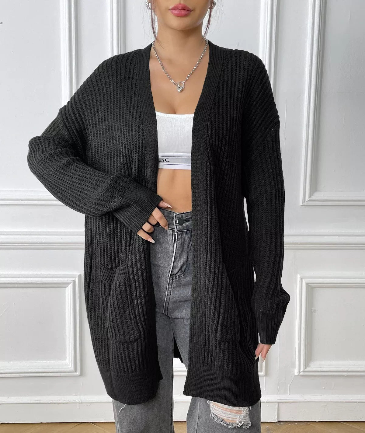 Open Front Drop Shoulder Cardigan 