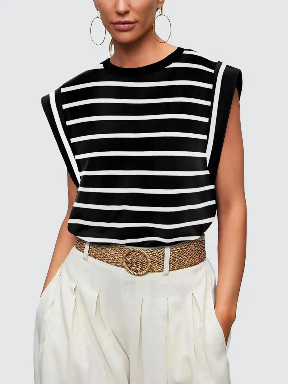 Striped Round Neck Cap Sleeve T-Shirt 