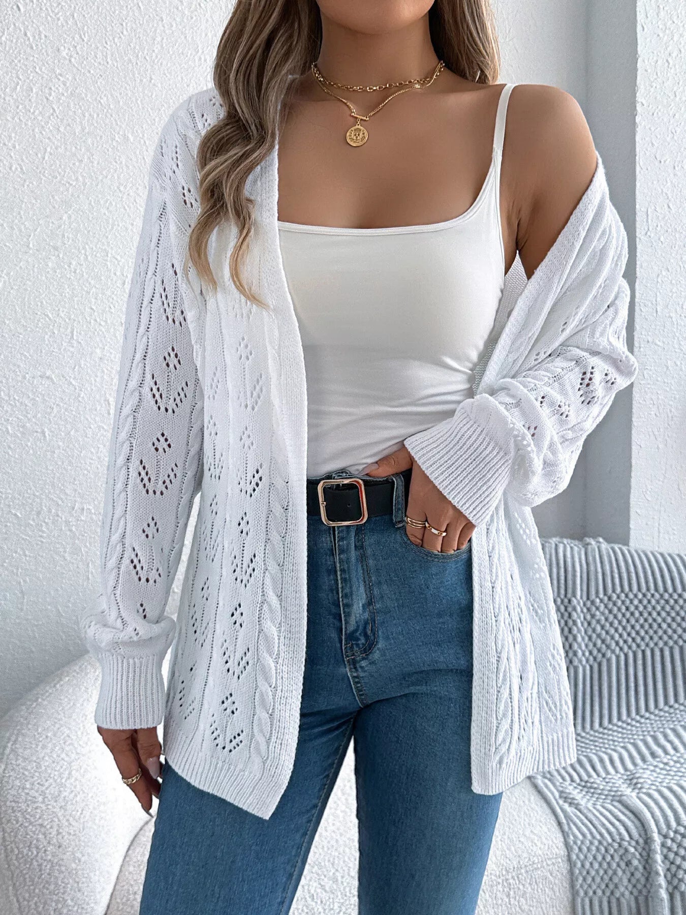 Openwork Open Front Long Sleeve Cardigan 