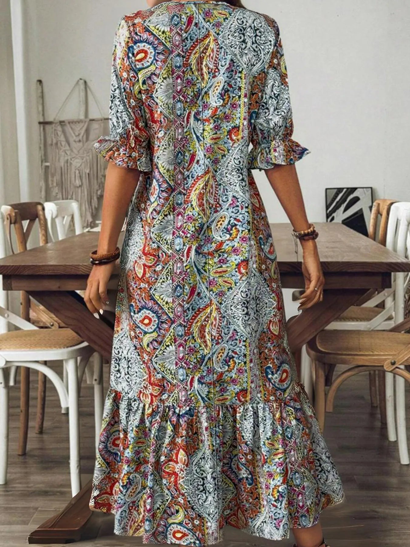 Full Size Bohemian Paisley Print V-Neck Midi Dress Plus Size 
