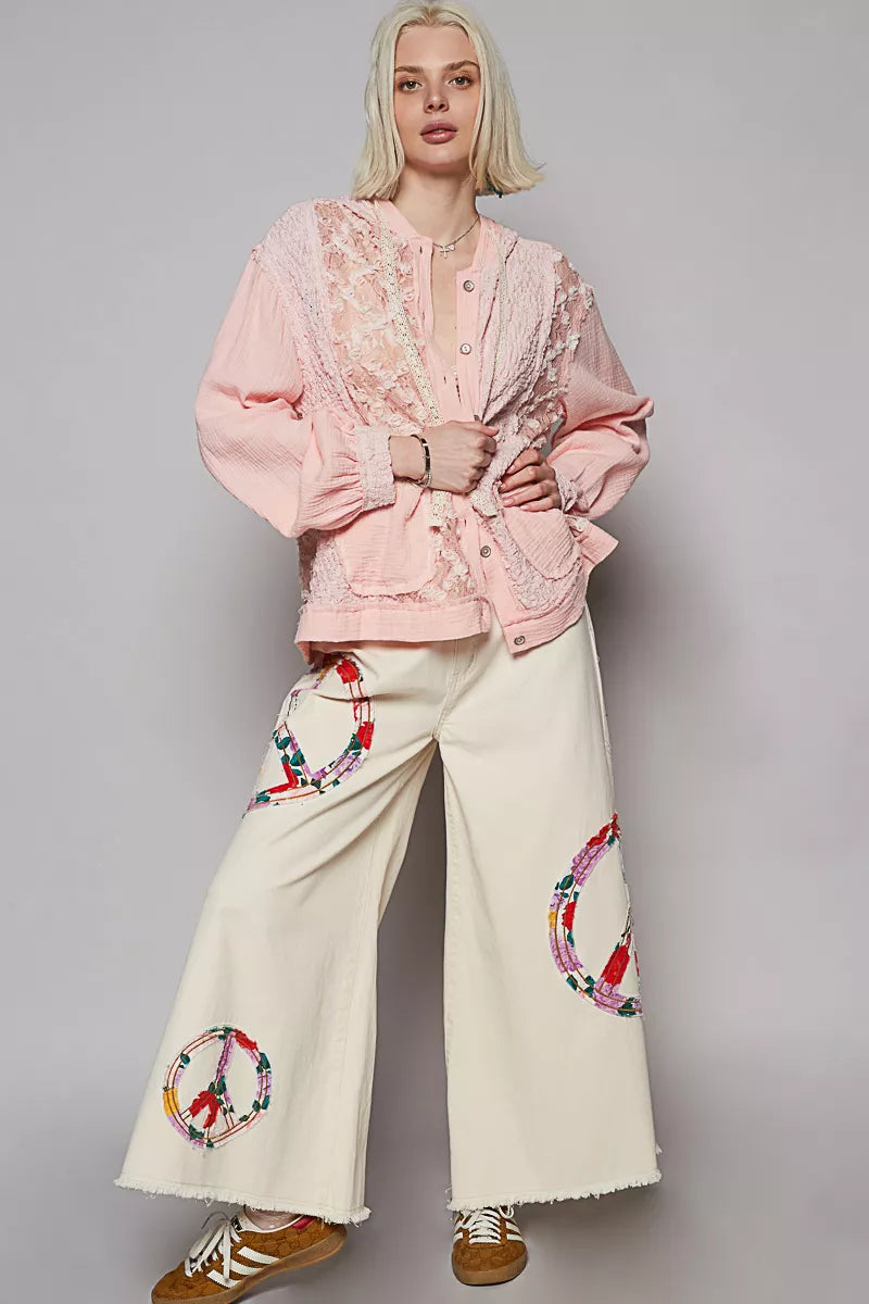 POL Exposed Seam Button Down Hooded Jacket with Lace Detail 