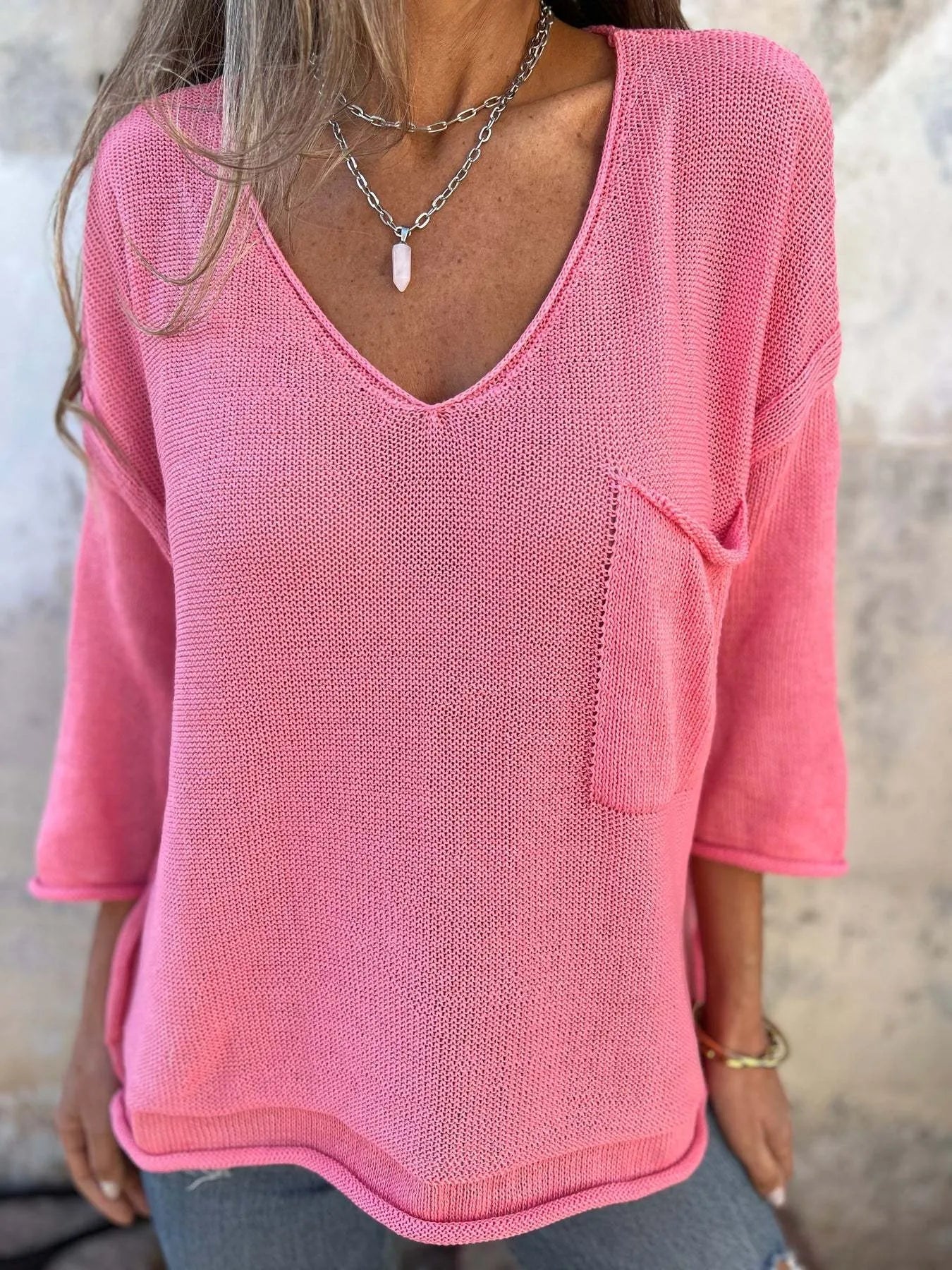 Full Size Casual V-Neck Knit Sweater Plus Size 