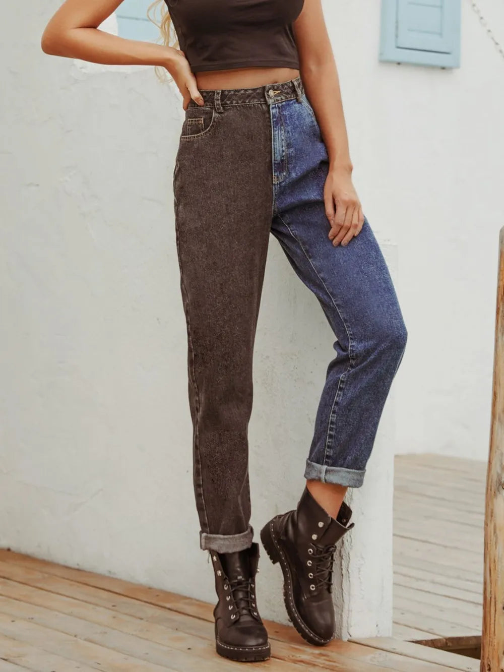 Two Tone Straight Leg Jeans 