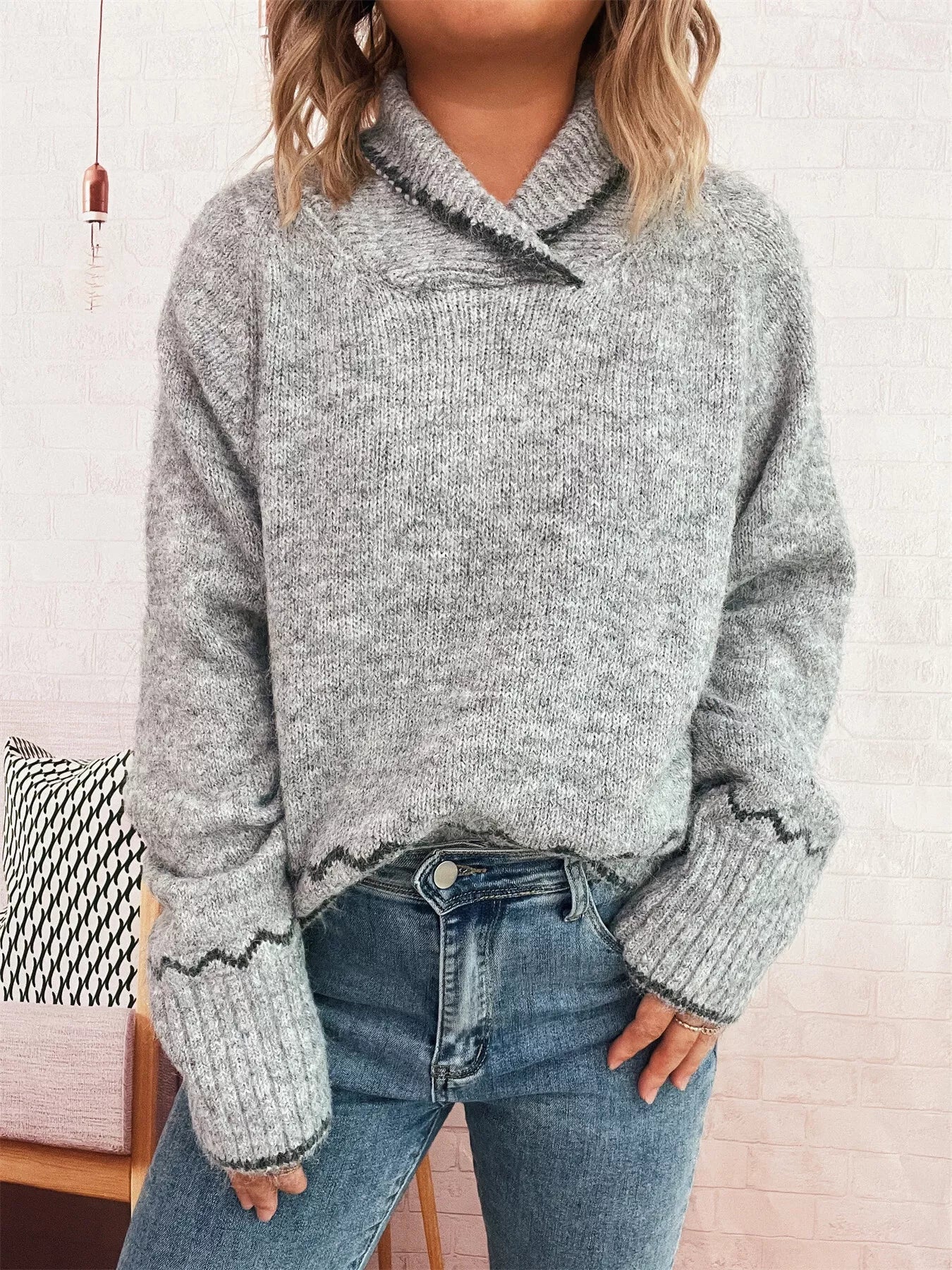 Ribbed Contrast Trim Long Sleeve Sweater 