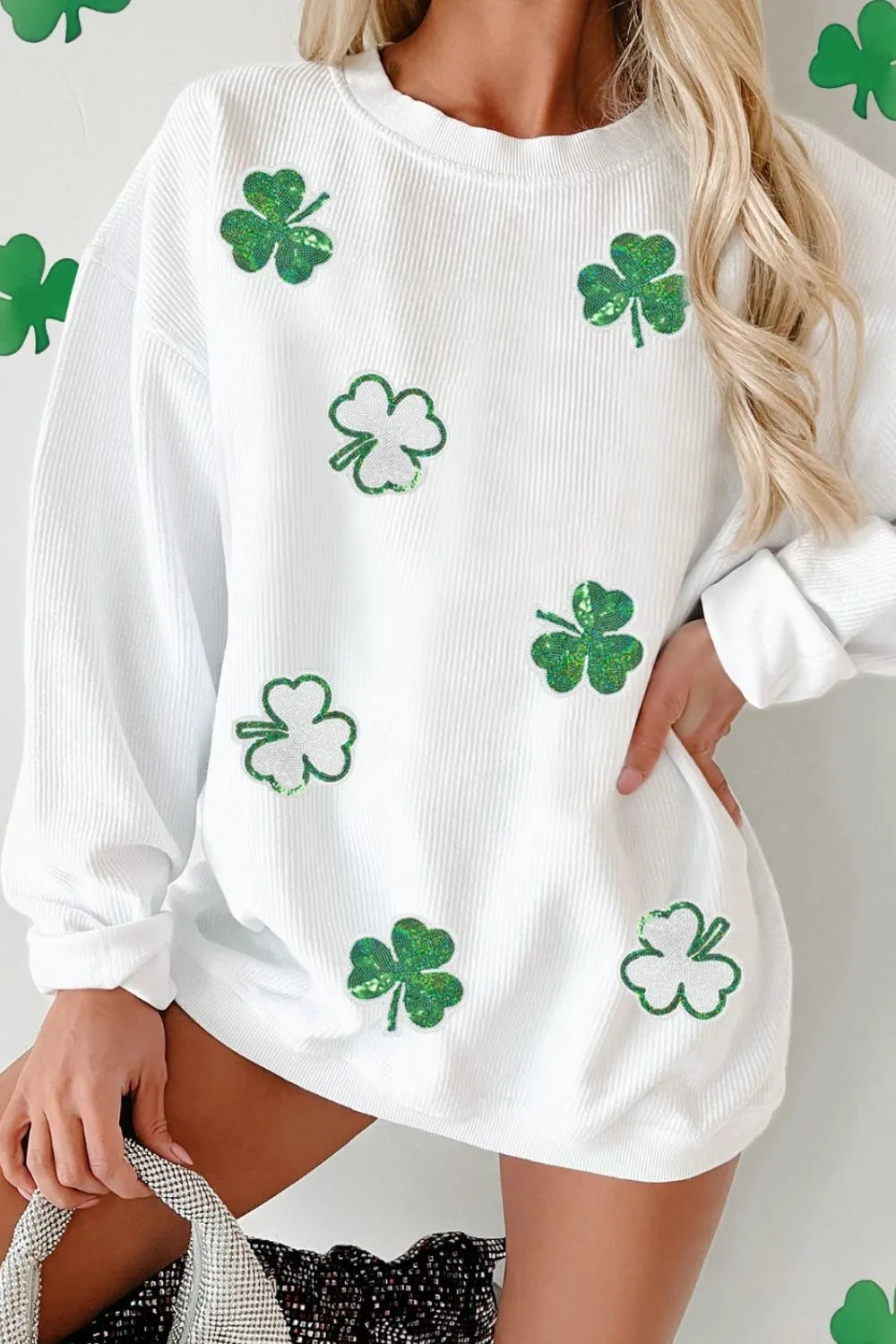 Sequin Lucky Clover Round Neck Long Sleeve Sweatshirt 