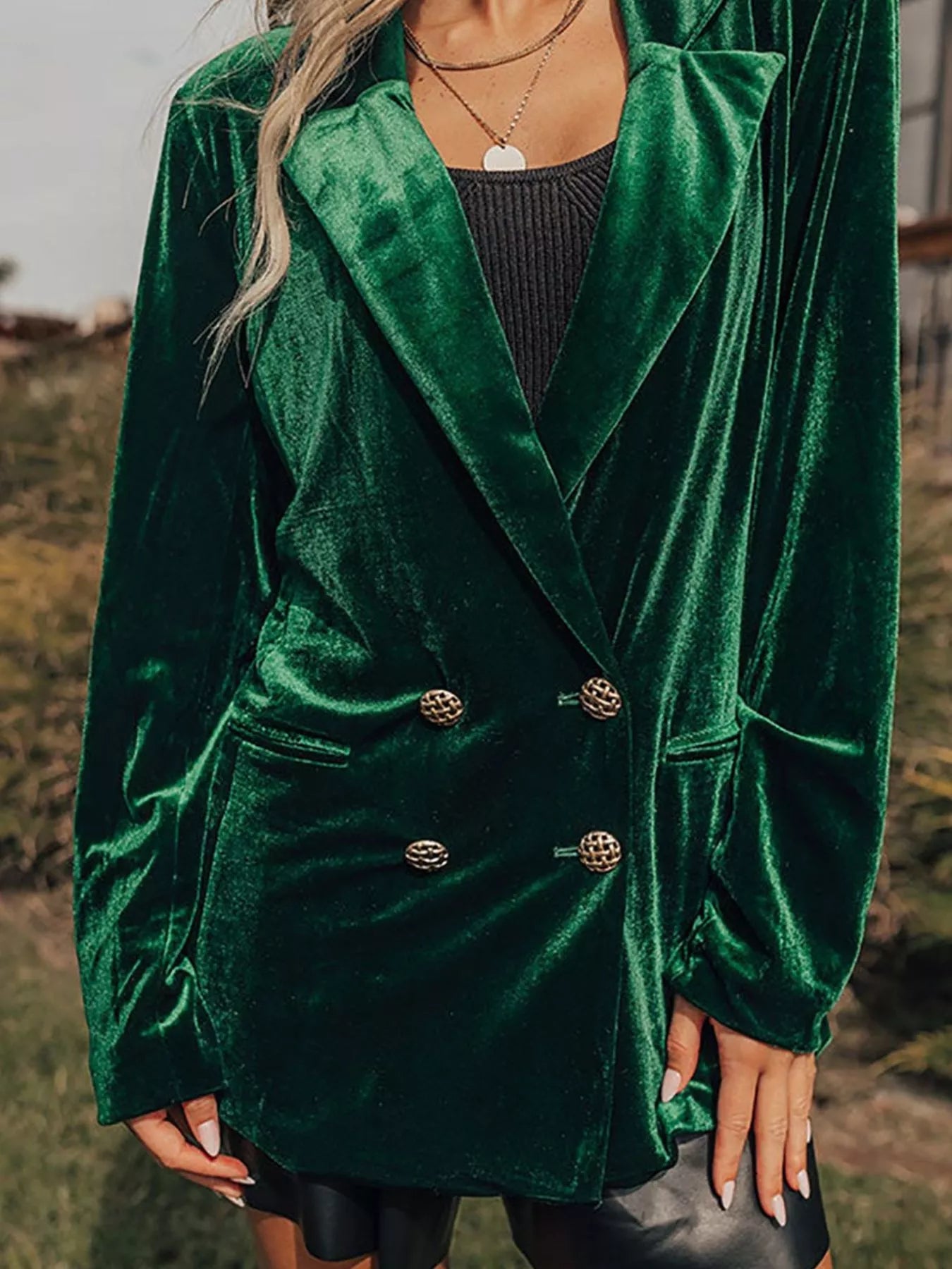 Velvet Lapel Collar Button Up Blazer 