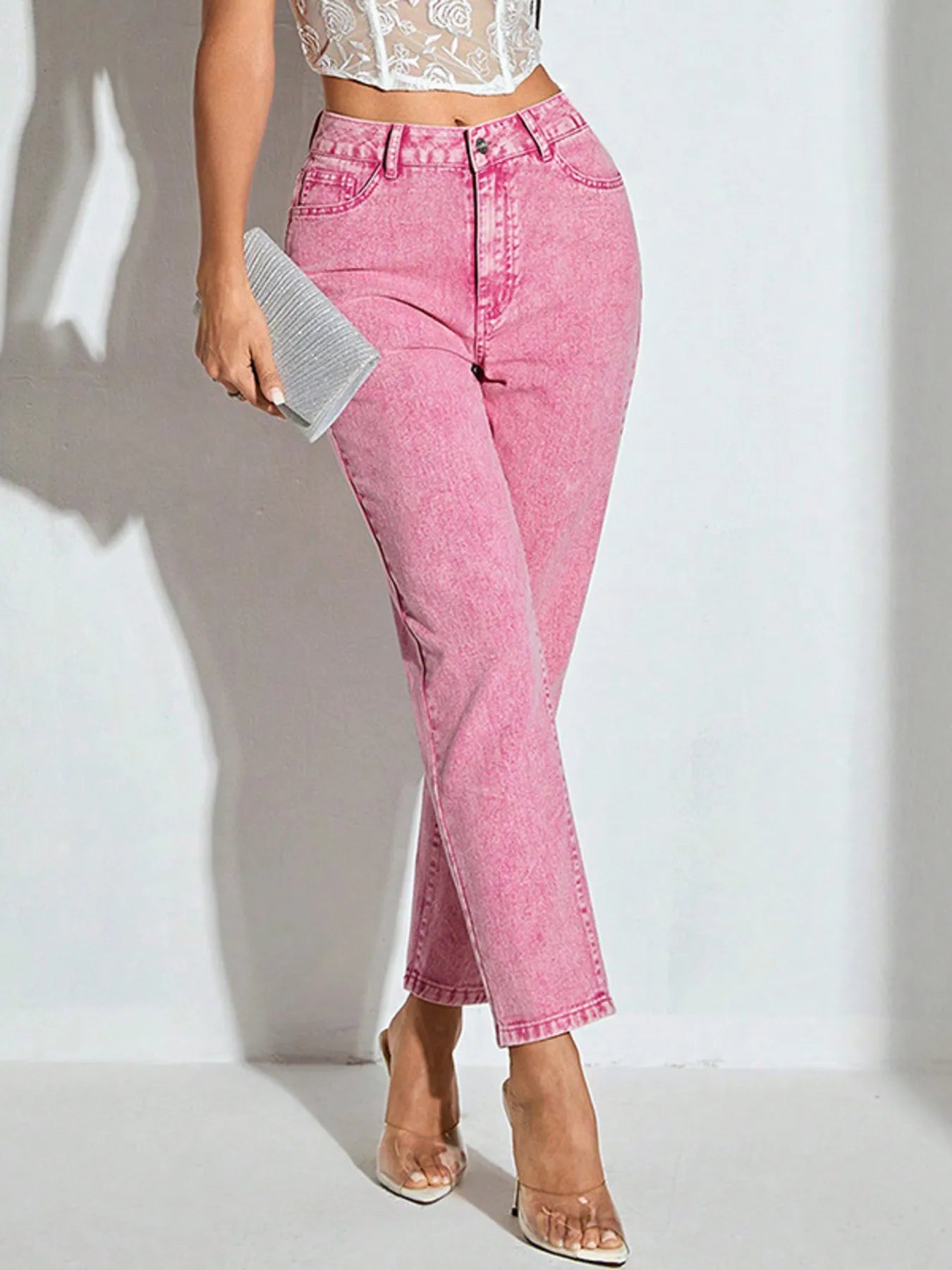 High-Waisted Wash Straight Leg Jeans 