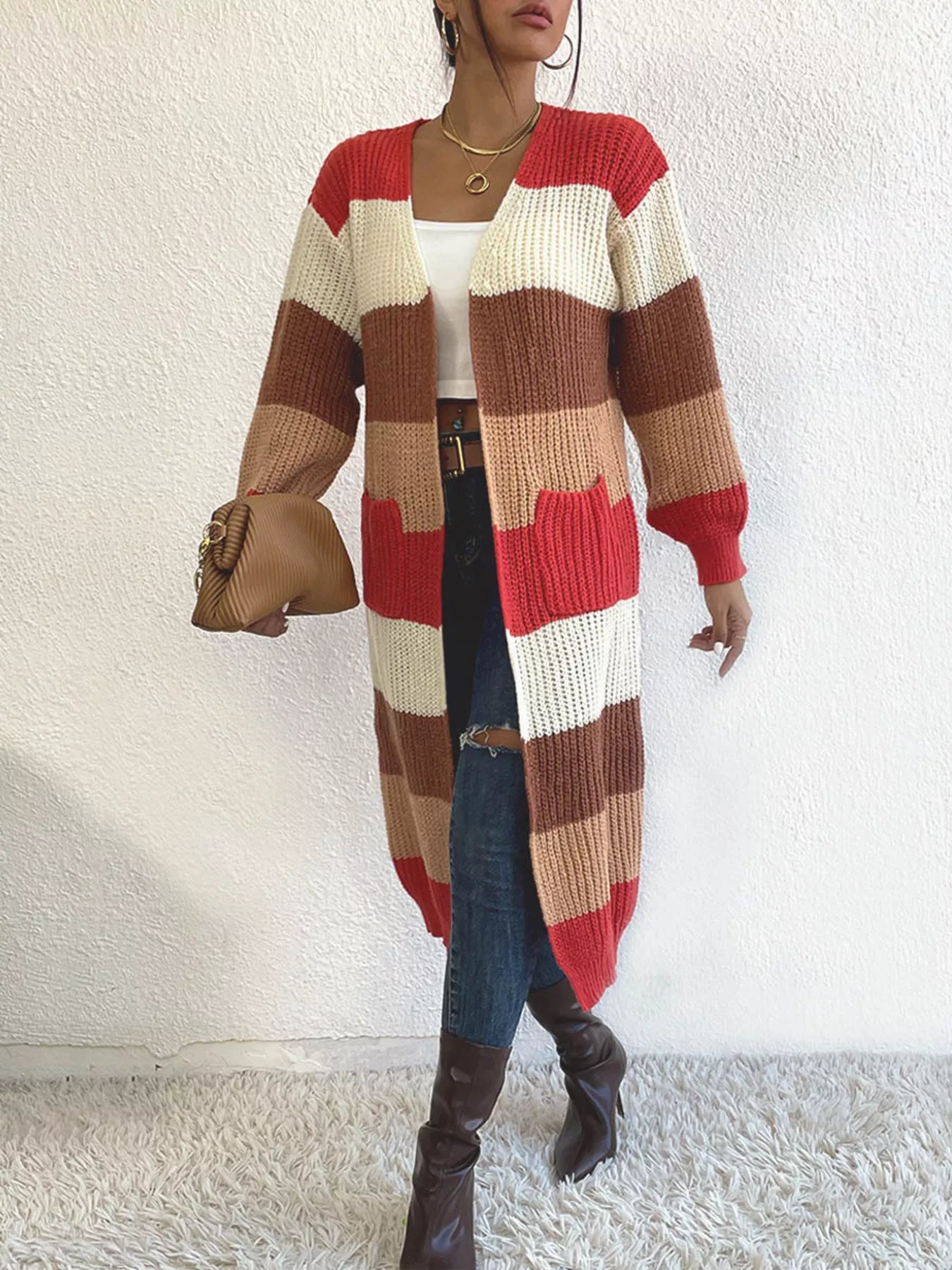 Striped Color Block Open Front Knit Cardigan 