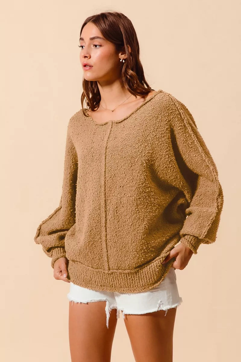 SO ME Loose Fit Exposed Seam Slouchy Boucle Sweater 