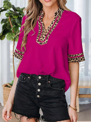 Leopard Patchwork Trim Split Neck Short Sleeve Blouse 