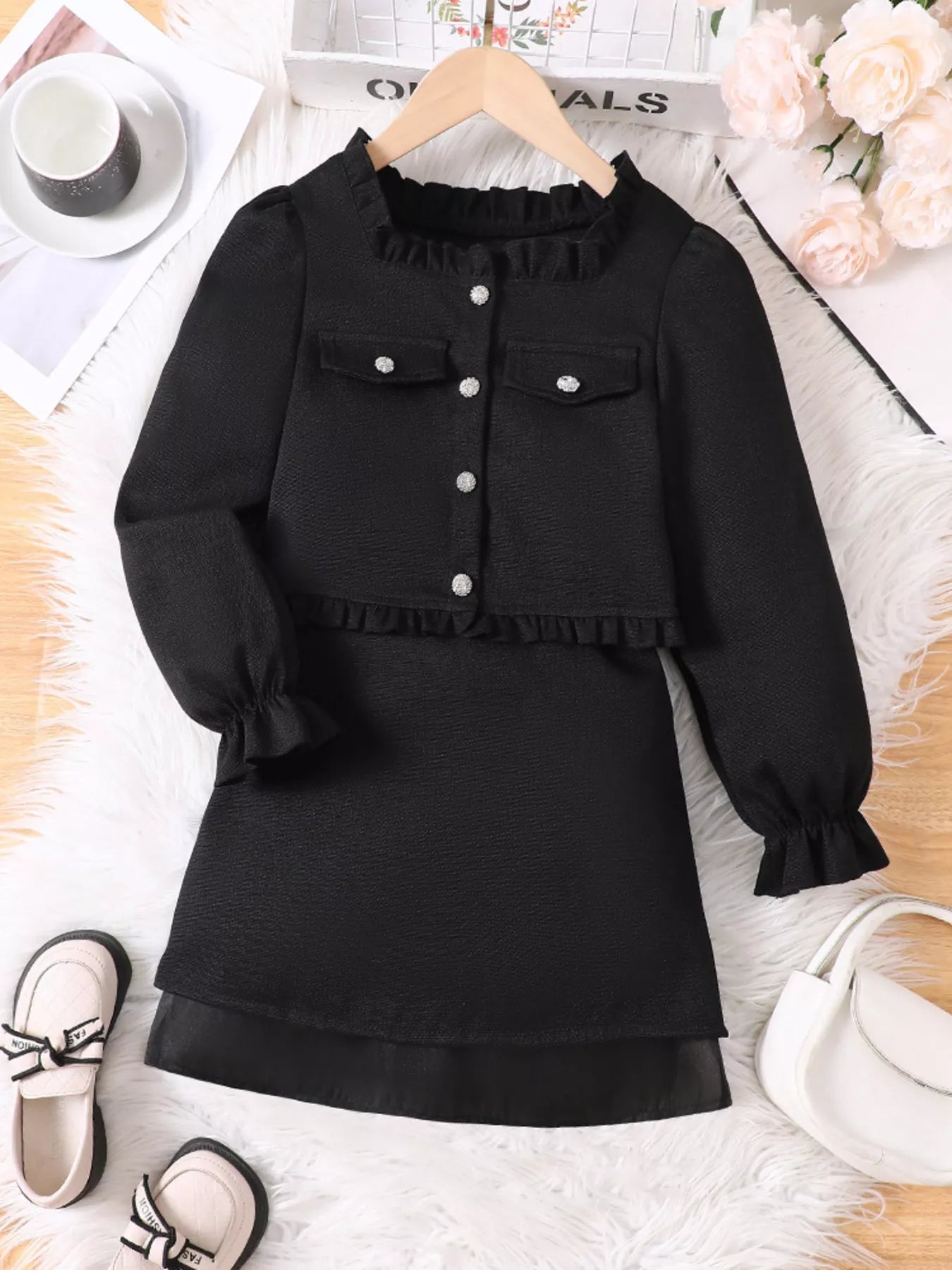 Children's Ruffle Trim Top and Skirt Two-Piece Outfit Set 