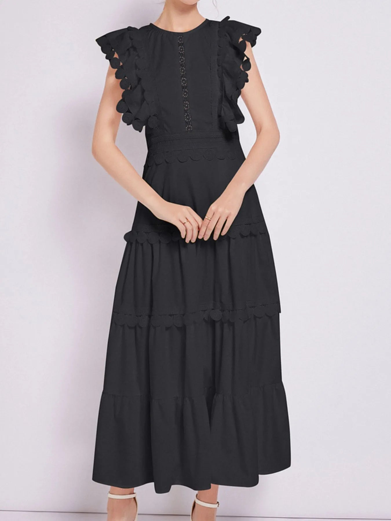 Sleeveless Ruffled Tiered Dress with Embroidered Trim 