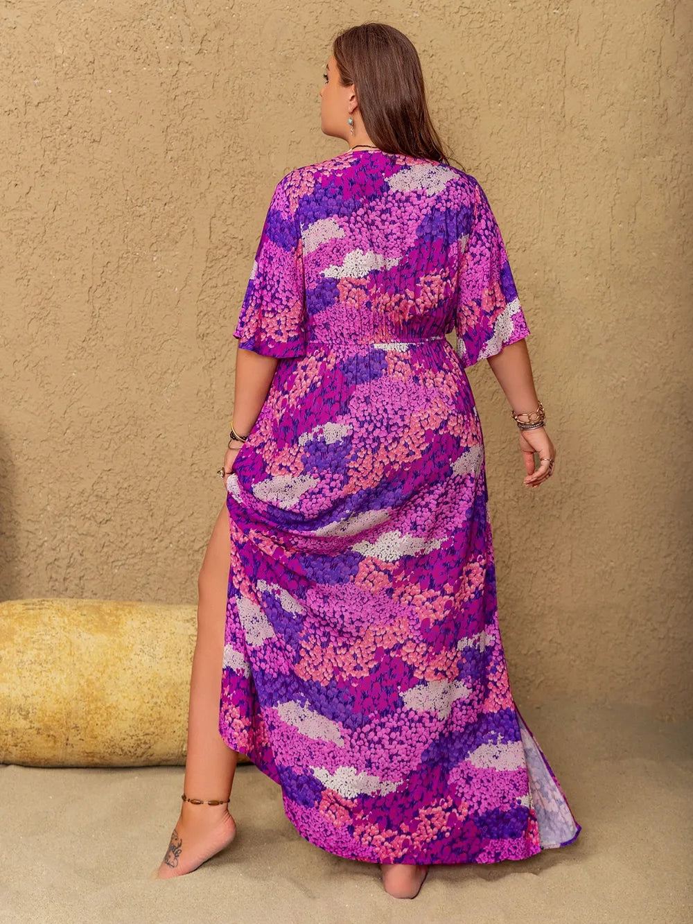 Plus Size Slit Printed Half Sleeve Maxi Dress 