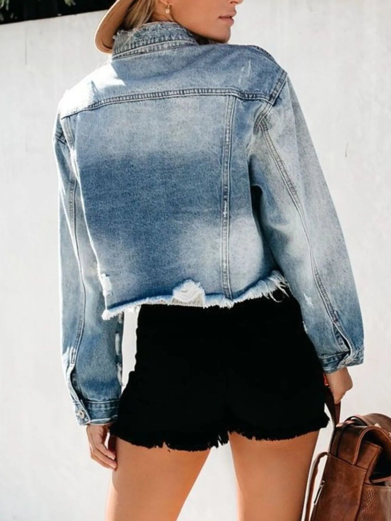 Distressed Raw Hem Denim Jacket 