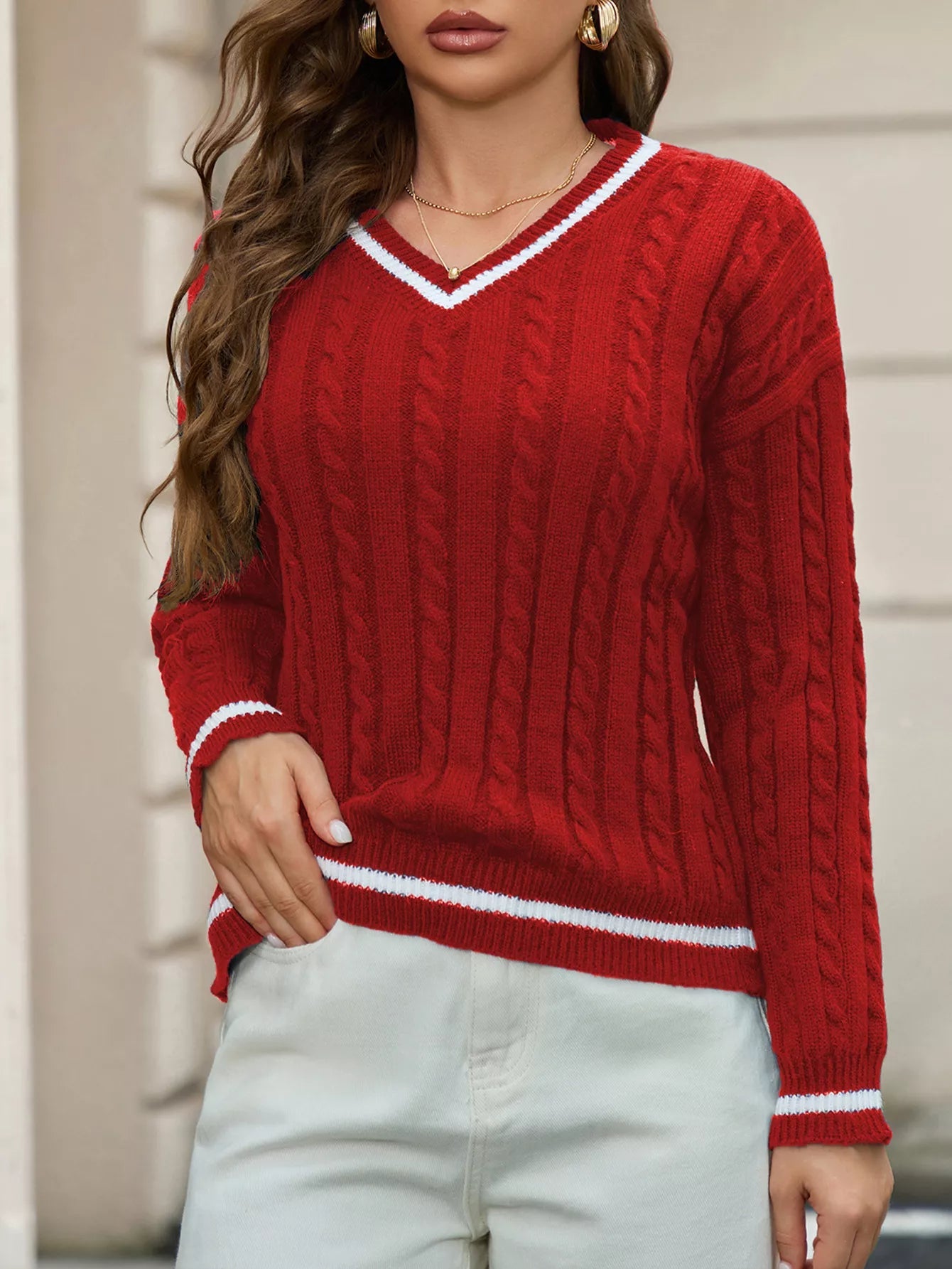 Classic Cable Knit V-Neck Sweater 