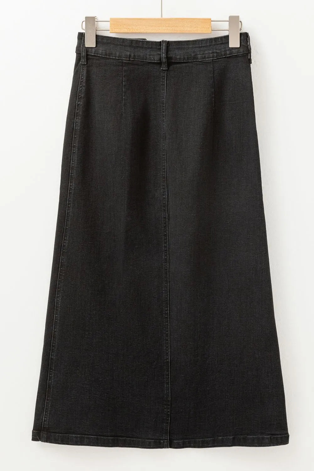 Button Fly Side Split Denim Midi Skirt 