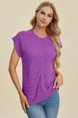 Double Take Full Size Cable-Knit Round Neck Cap Sleeve Sweater 