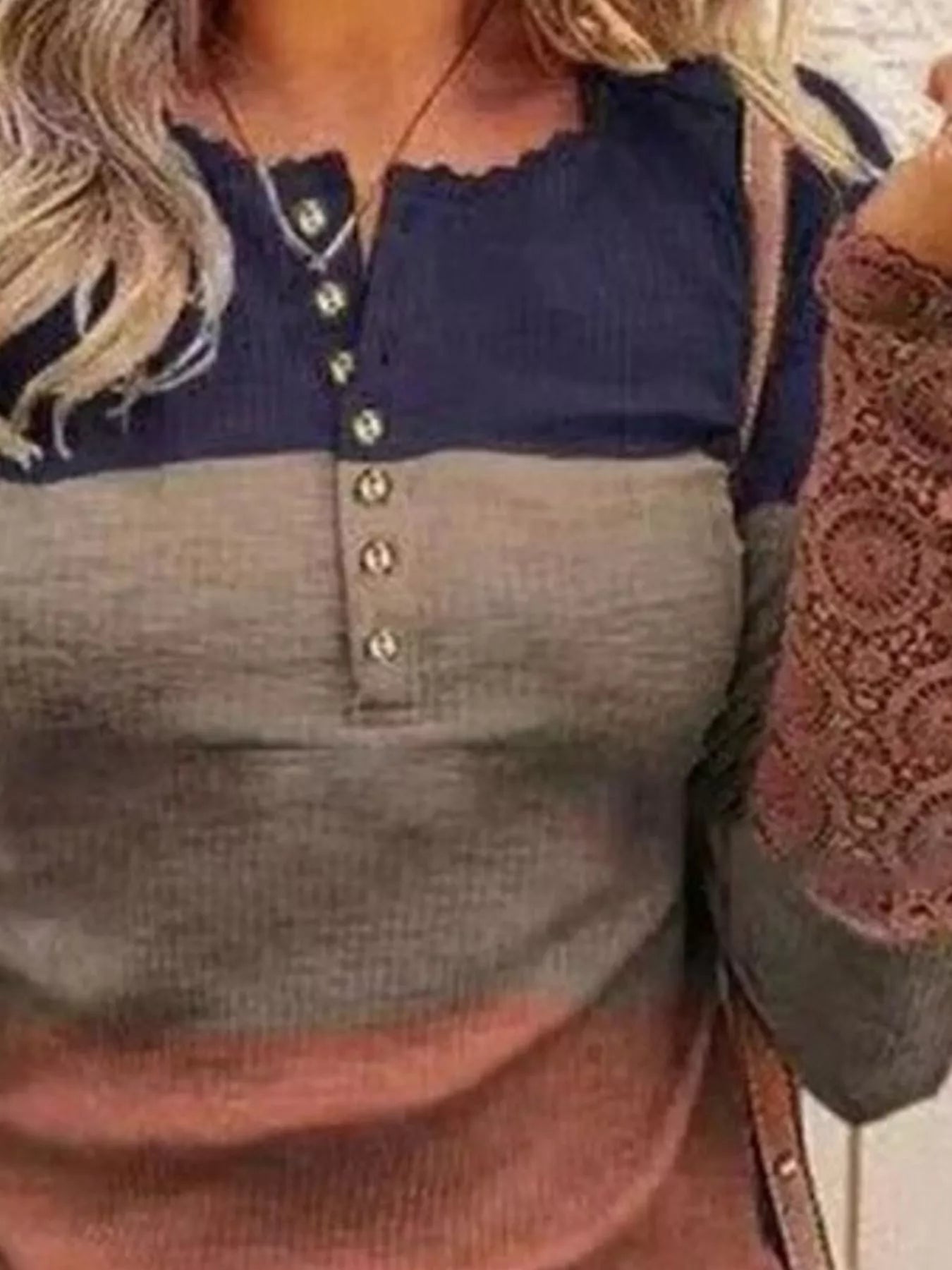 Color Block Lace Detail Half Button T-Shirt 