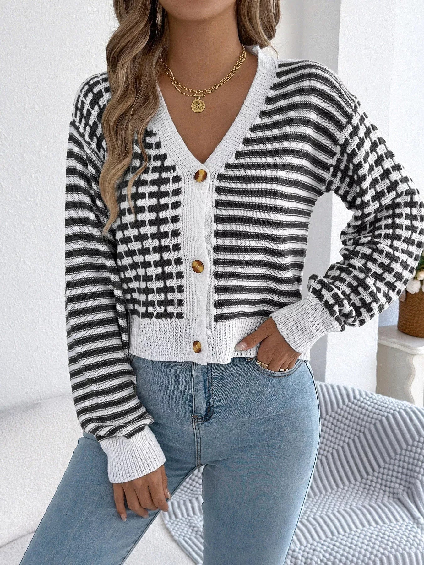 Striped Button-Up Cropped Cardigan 