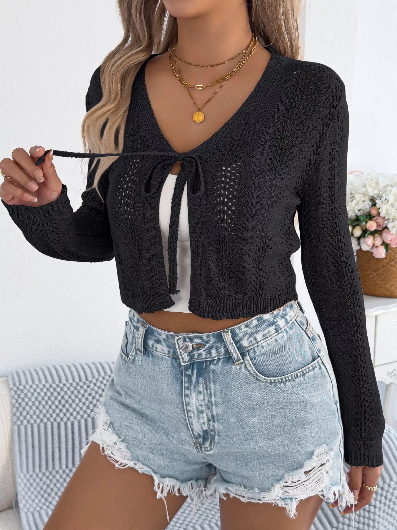 Openwork Tie Front Long Sleeve Cardigan 