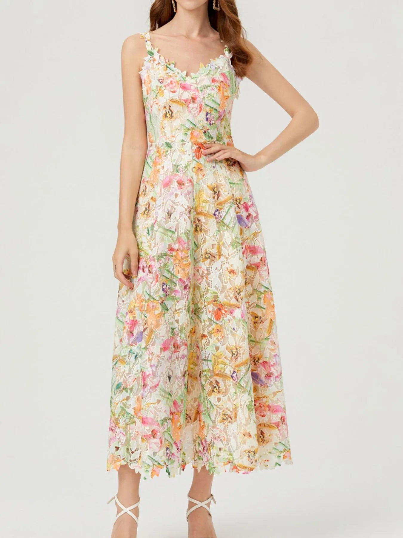 Floral Lace Sleeveless V-Neck Midi Dress 