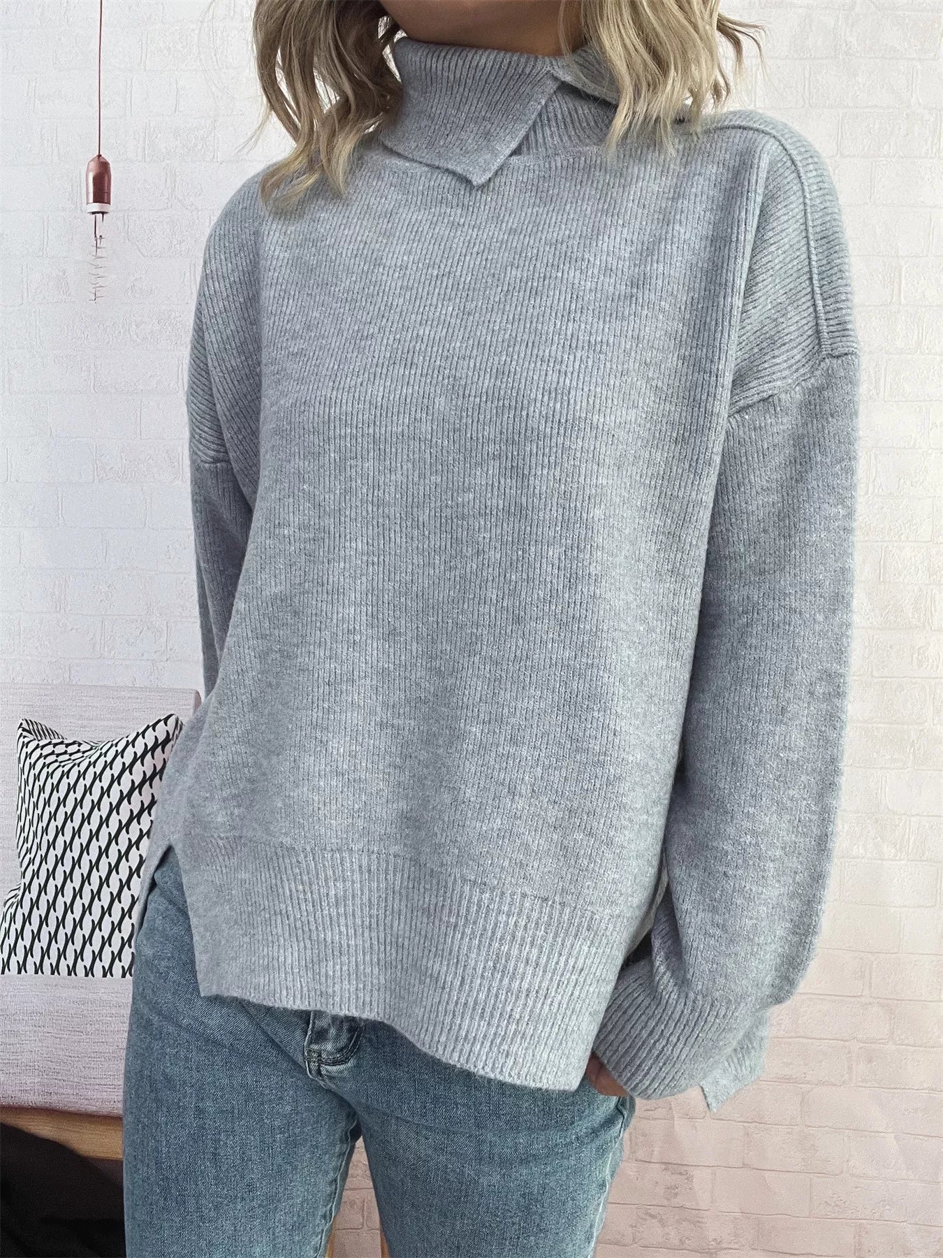 Slit Turtleneck Long Sleeve Sweater 