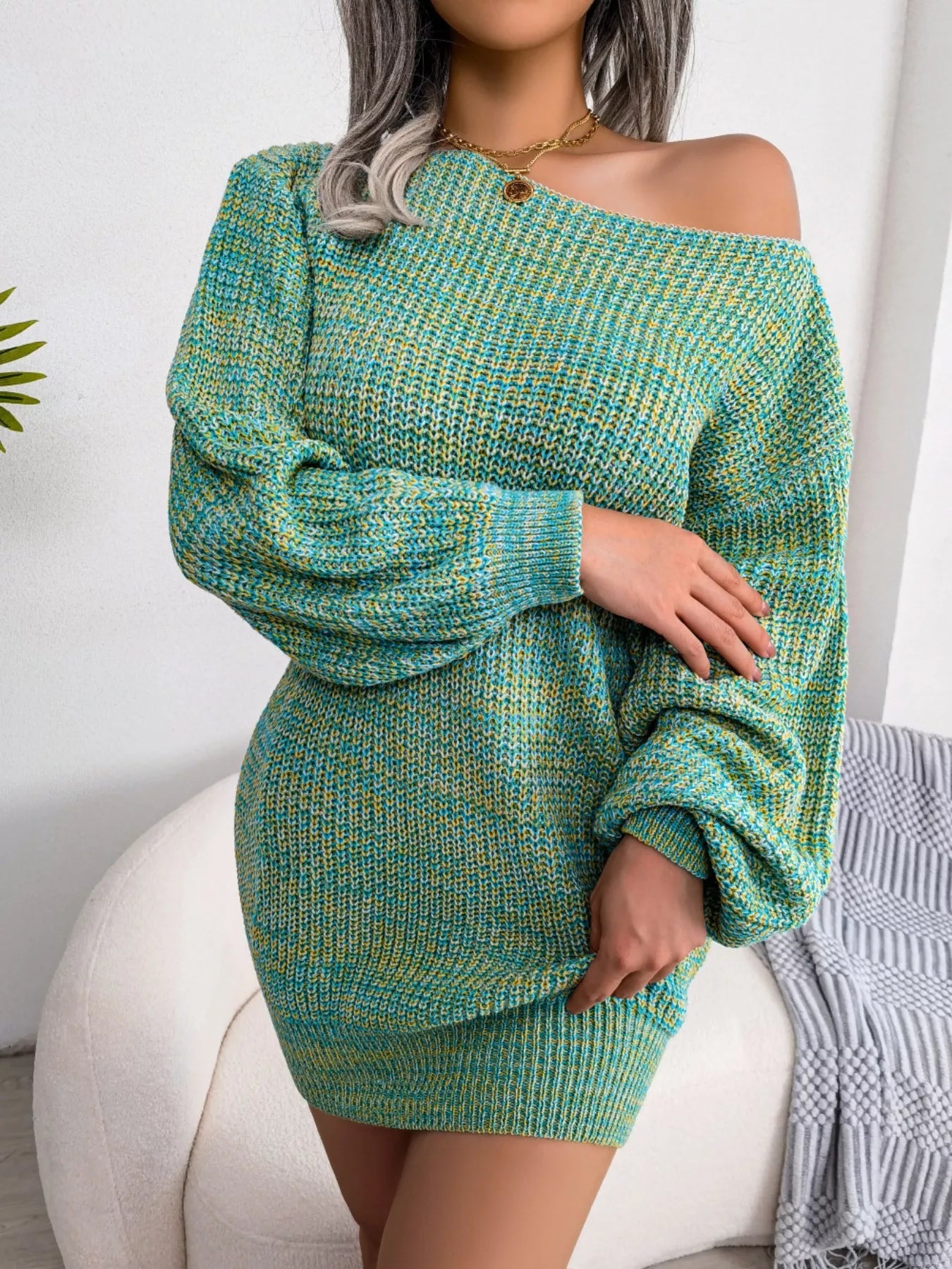 Multi-Color One-Shoulder Sweater Dress 