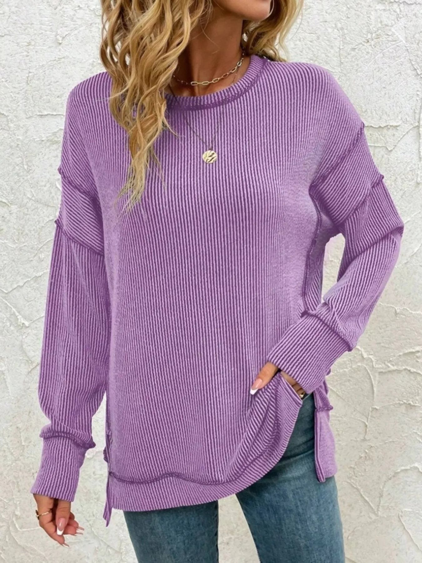 Side Slit Round Neck Dropped Shoulder Sweatshirt 