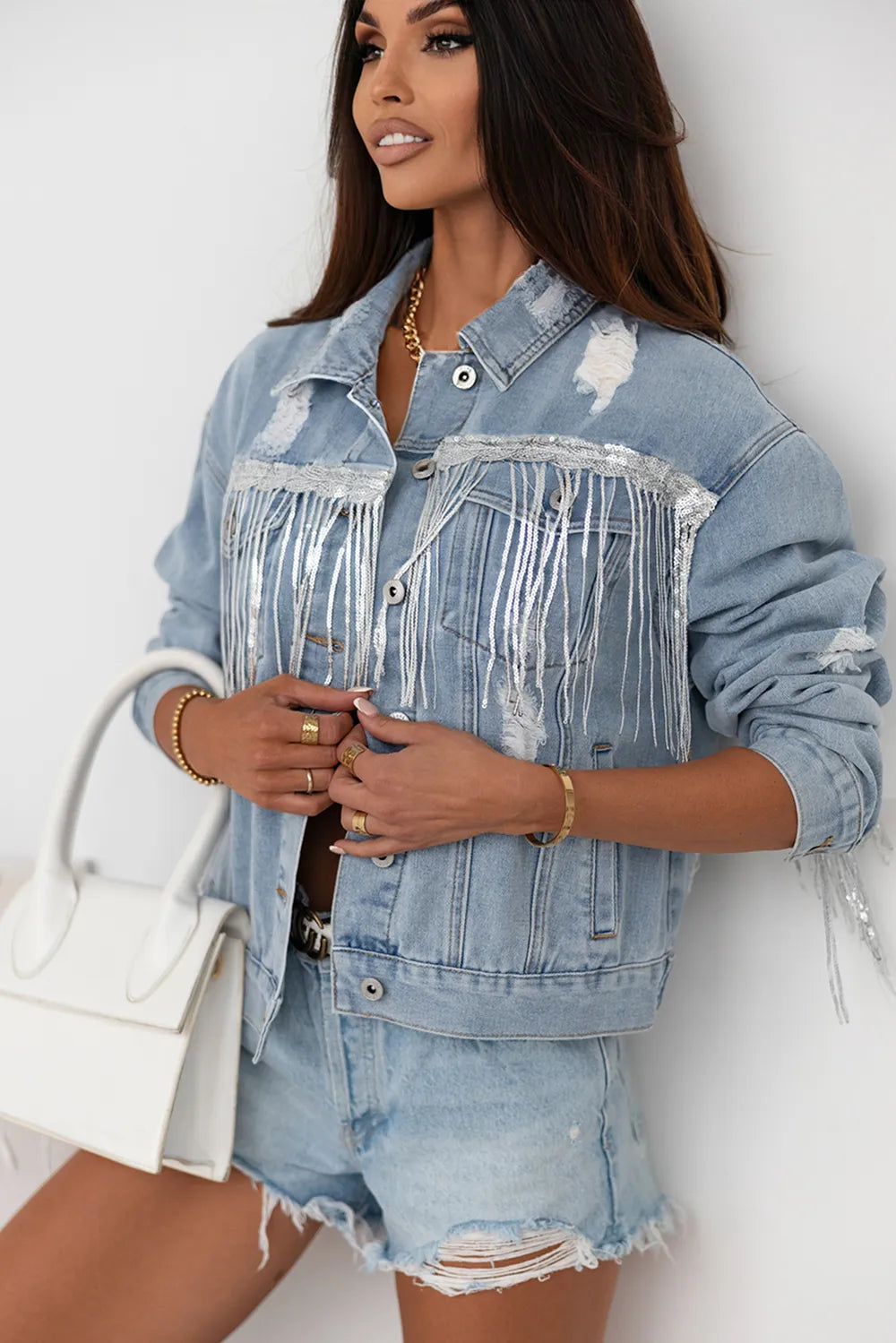 Sequin Fringe Trim Distressed Button Up Denim Jacket 