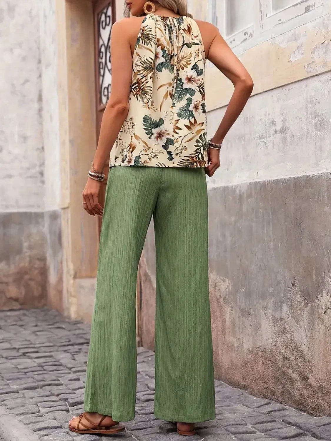 Printed Tank Top and Wide Leg Pants Set 